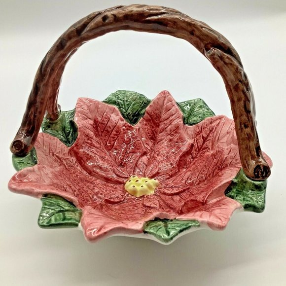 Fitz & Floyd Omnibus Vintage Ceramic Poinsettia Basket - Picture 1 of 11